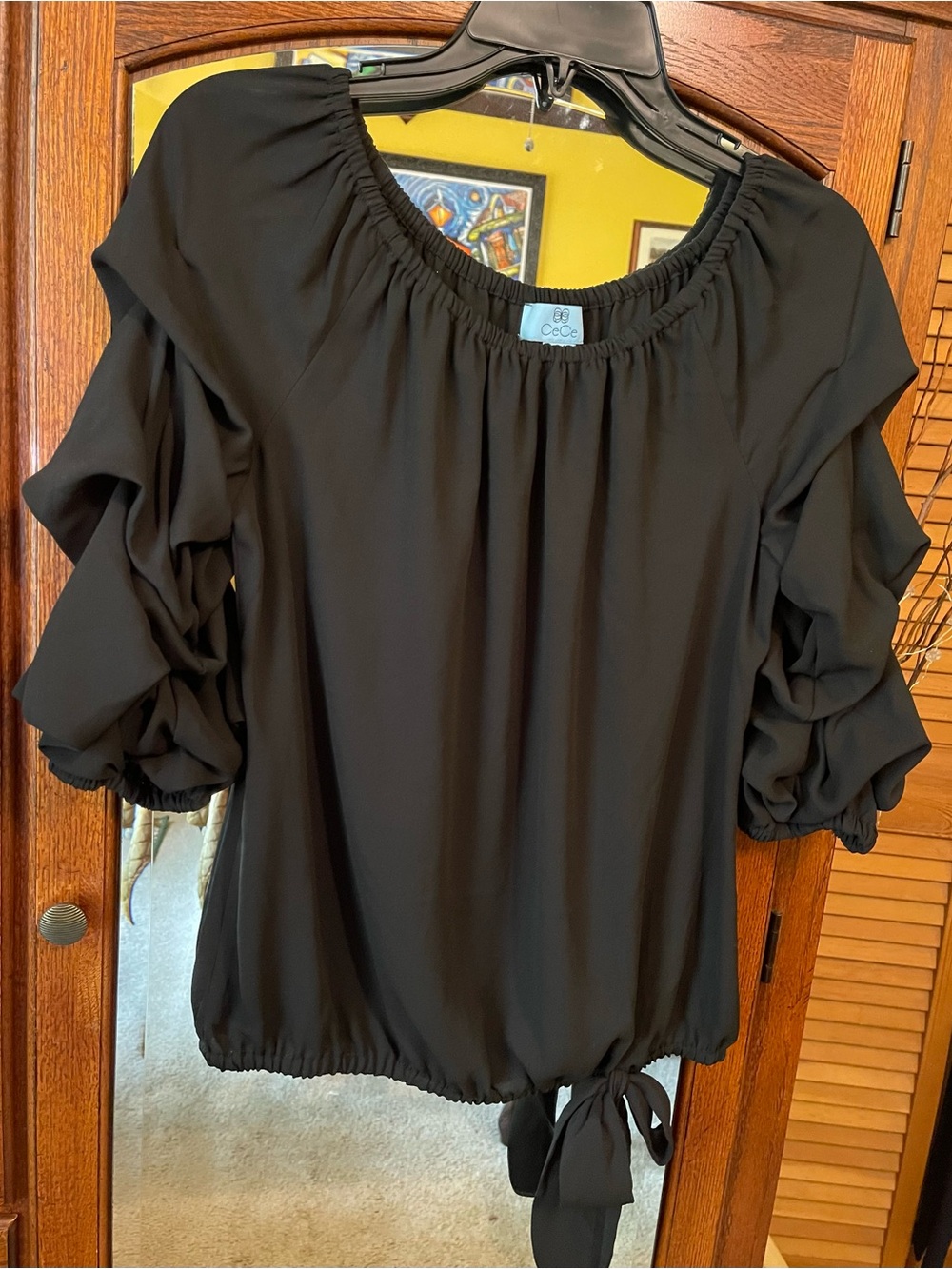 CeCe Black Ruffle Sleeve Peasant Blouse